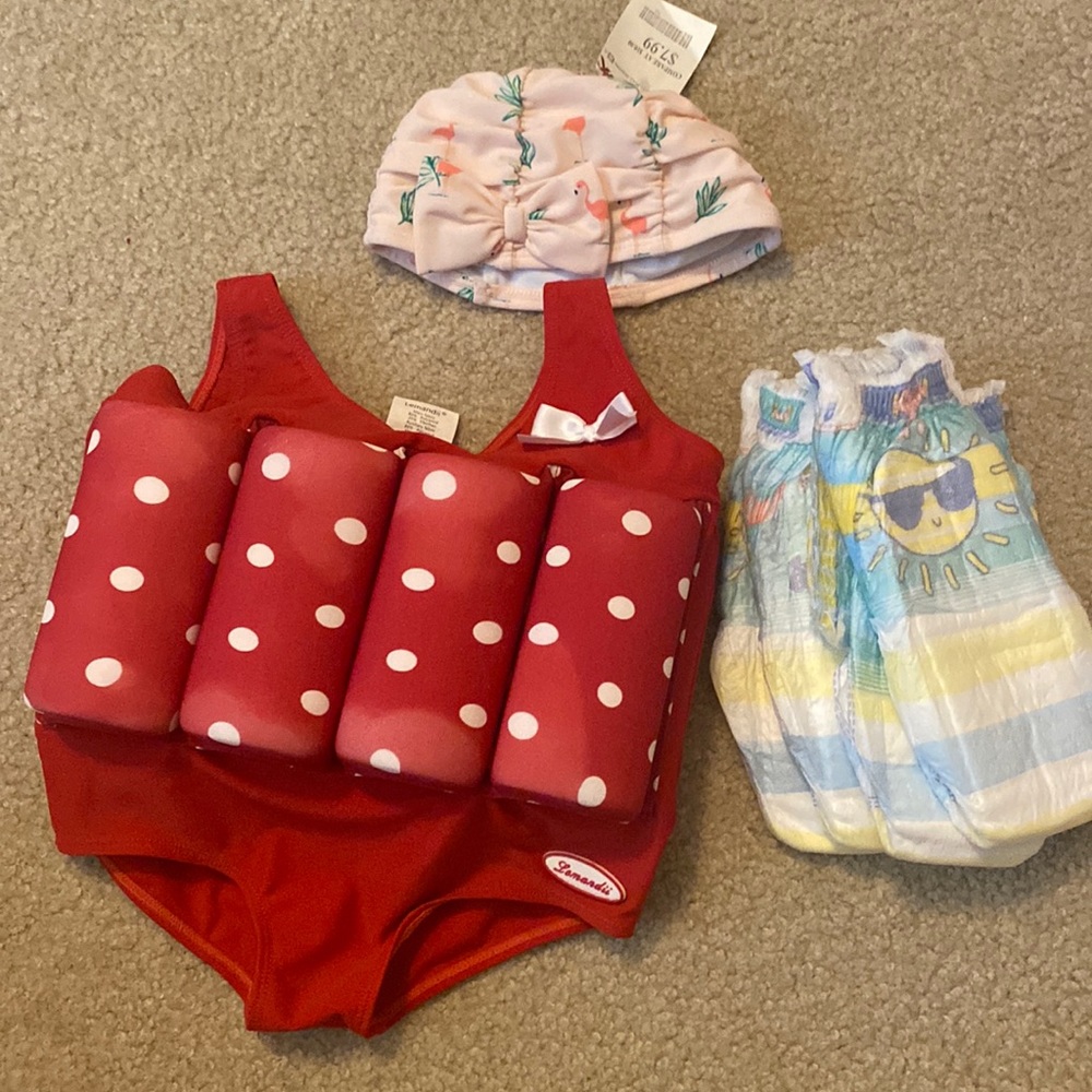 Baby/toddler swimsuit with floats, plus swimming cap and 4 swim diapers